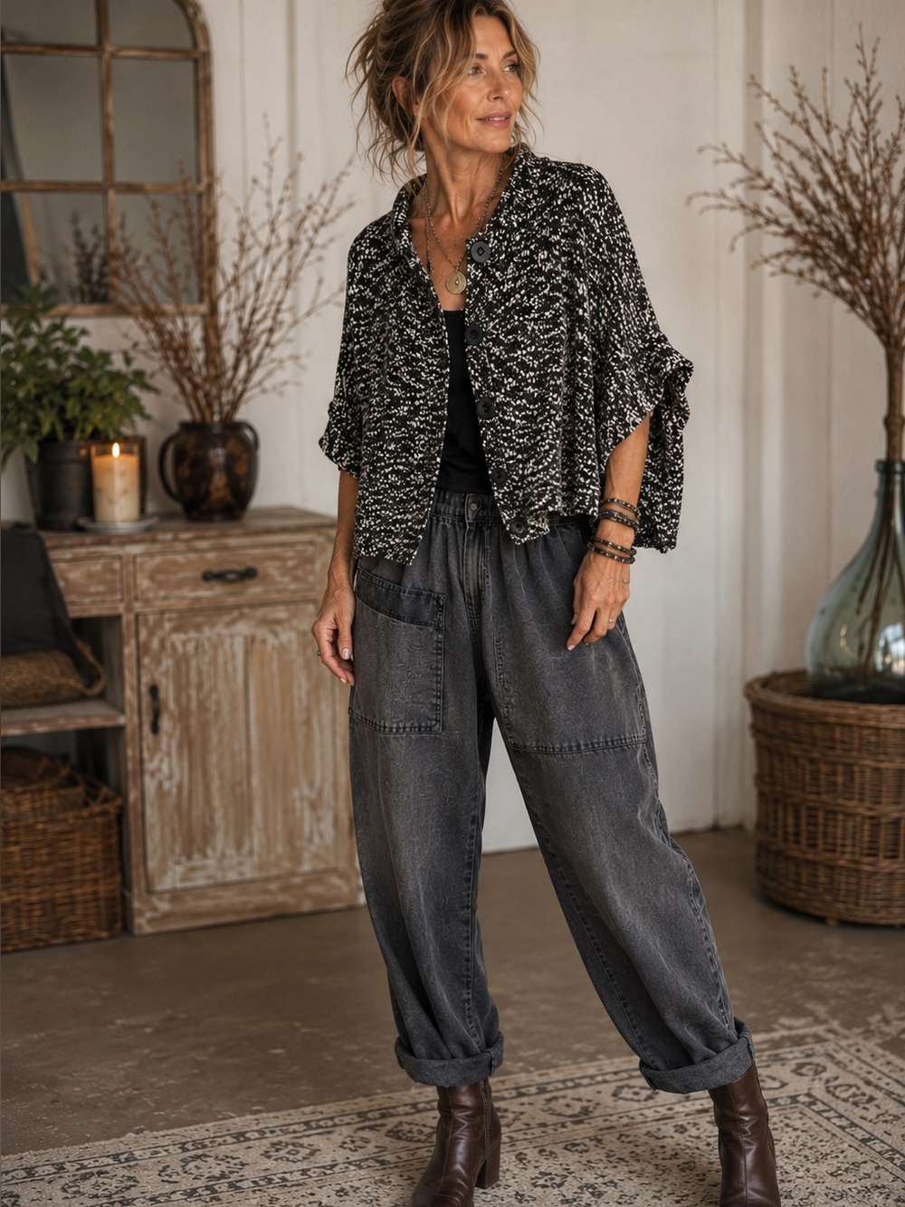 Chris & Carol Marled Knit Dolman Sleeve Cocoon Cardigan Small Black Cream Boho